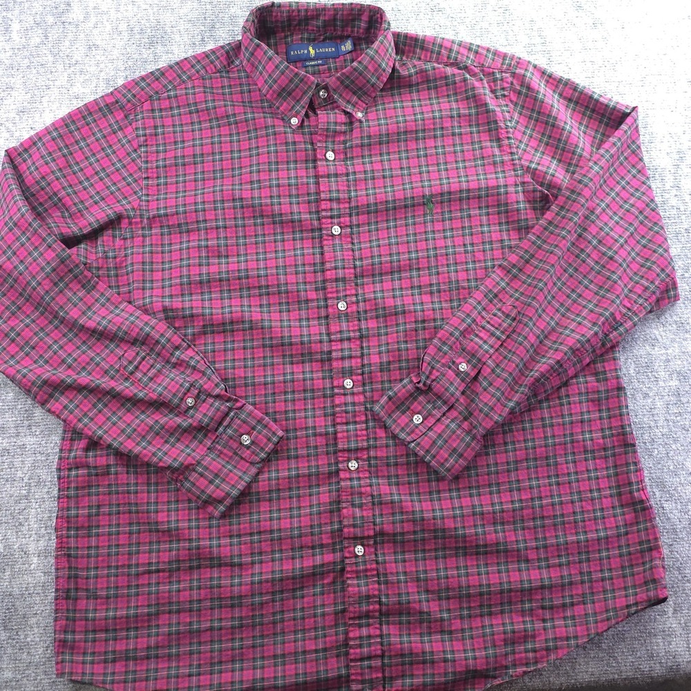 Ralph‎ Lauren Shirt XL Custom Fit Red Green Check Long Sleeve Button Down Pony